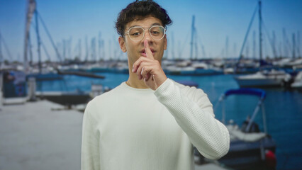 Man wearing glasses holds finger to lips in a silent gesture at a busy marina port amid docked sailboats; hush.