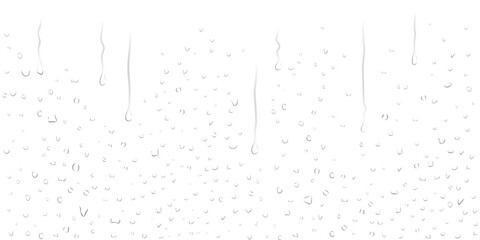 Realistic transparent water droplets, drops, water-drop on wet clear window surface with crystal clarity dripping, fresh liquid texture, dripped on clear glass surface for design
