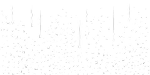 Realistic transparent water droplets, drops, water-drop on wet clear window surface with crystal clarity dripping, fresh liquid texture, dripped on clear glass surface for design