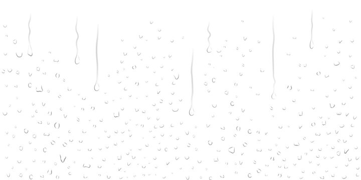 Realistic transparent water droplets, drops, water-drop on wet clear window surface with crystal clarity dripping, fresh liquid texture, dripped on clear glass surface for design
