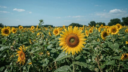 Obraz premium Sunflowers in a field under blue sky with clouds. Bright and vibrant flowers. Agriculture and nature, concept. Flower growth and garden. The concept of farming and natural beauty