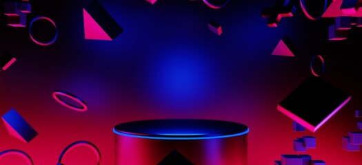 3d illustration rendering of y2k 2000s gaming technology futuristic fantasy metaverse cyberpunk sci-fi display room abstract background in neon-glow, joystick button floating