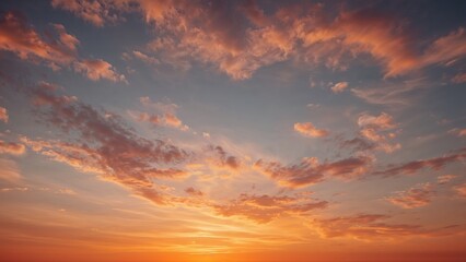 Fototapeta premium Vibrant sunset sky with scattered clouds and warm hues fading into the horizon.