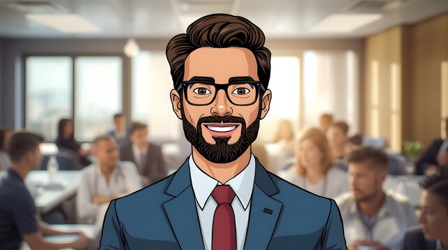 Confident Speaker at a Seminar: A distinguished presenter, framed by an elegant setting, conveys knowledge with a bright smile, while behind him a group of engaged individuals listens attentively.