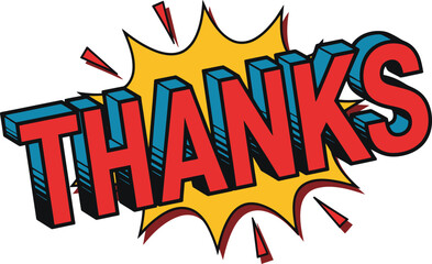 Obraz premium Comic book style thanks text vector illustration with explosion effect for expressing gratitude and appreciation