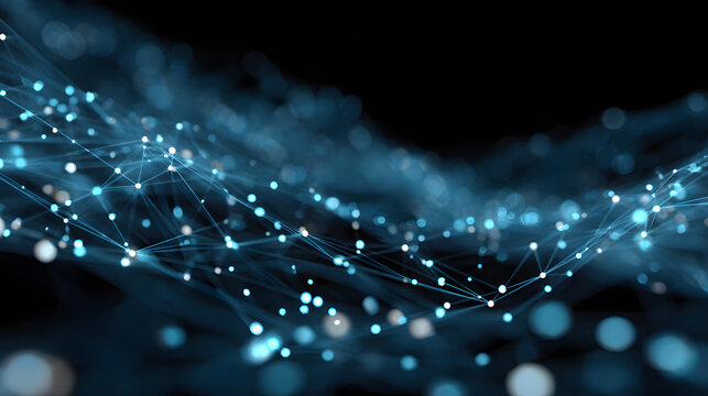 Abstract glowing network of connections and particles in a blue digital space - Powered by Adobe