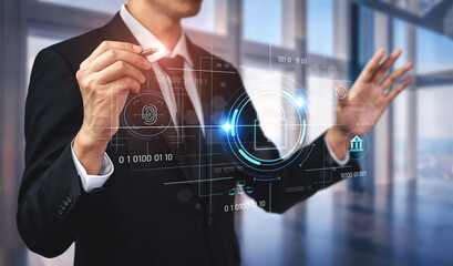 Cybersecurity system interface with biometric lock and data protection. Cybersecurity protects access, identity, cyber security prevents threats, and cyber security supports digital systems. Vouch