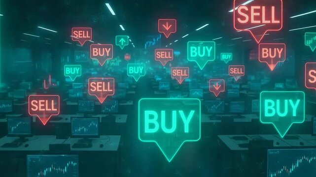 A dynamic trading environment filled with digital 'BUY' and 'SELL' signs, showcasing the fast-paced world of finance and stock trading.