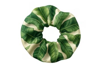 Scrunchie with green banana leaf pattern