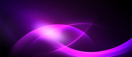 Abstract purple waves radiate light. Dark background creates dramatic visual impact. Smooth curves suggest movement, energy.
