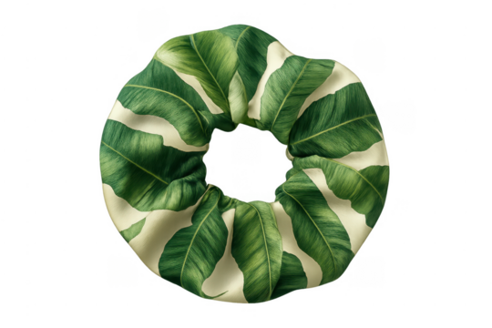 Scrunchie with green banana leaf pattern