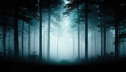 Dreamlike forest landscape where sunlight meets mist, casting a magical glow through evergreen trees.