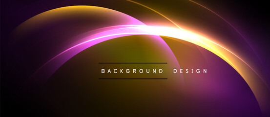 Naklejka premium Abstract glowing lines form curved shapes. Purple, orange, yellow hues blend. Text reads background design. Minimalist, modern aesthetic.