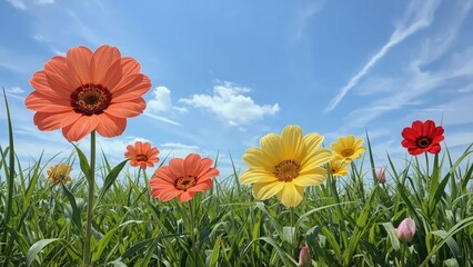 Colorful flowers in a green field under a blue sky with clouds and streaks.