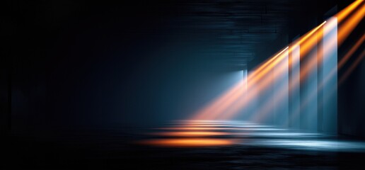 Dark hallway illuminated by vertical light shafts, evoking cinematic tension and futuristic architectural depth.