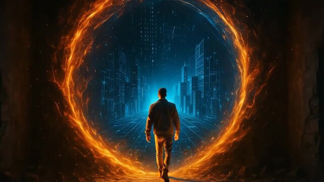 A figure stands before a glowing portal, symbolizing the intersection of reality and technology in a futuristic cityscape.
