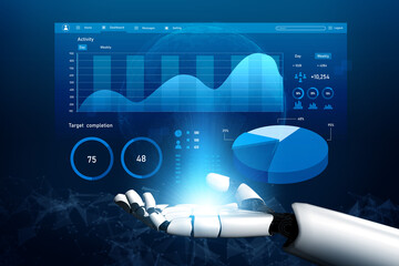 A futuristic robot hand interacts with a digital dashboard showcasing various analytics and performance metrics, symbolizing advanced technology. Impute