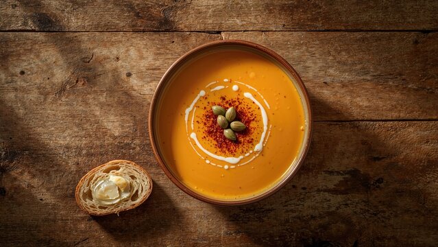 A bowl of orange soup garnished with seeds and spices, served on a rustic wooden table alongside a piece of bread with butter. - Powered by Adobe