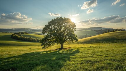 A solitary tree in a green field during sunset with rolling hills and a partly cloudy sky.