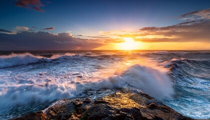 sunrise over turbulent ocean waves