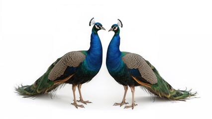 Fototapeta premium Two peacocks facing each other against a white background.