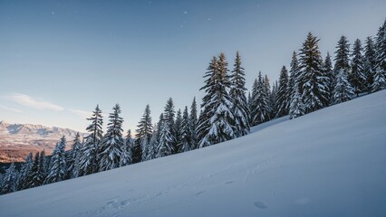 Snowy forest scene with snow-covered trees on a hillside during winter. Cold weather and winter landscape on a snowy slope.
