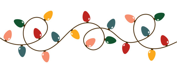 Christmas Lights garland. Festive Colorful Christmas Lights String Decoration. Vector Graphic for Christmas Cards, Banners, Poster, Web