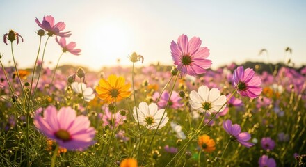 Obraz premium A field of colorful cosmos flowers blooming in the soft golden light of a sunset, creating a dreamy and romantic atmosphere with a shallow depth of field