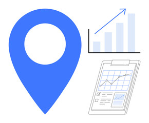 Blue location pin, upward bar chart with an arrow showing growth, and detailed checklist report. Ideal for planning, progress tracking, geographic data, analytics, strategy, logistics navigation © robu_s