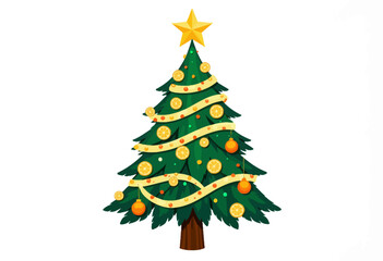 Illustration of a Decorated Christmas Tree with Ornaments, Ribbons, and Star on Top Against White Background