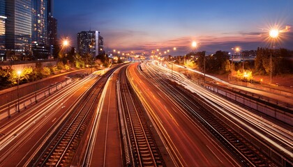 Fototapeta premium city tracks at dusk lit with warm lights