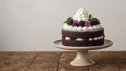 Chocolate cake with berries and whipped cream on a cake stand. Dessert and baking, concept. Cakes and sweet treats. The concept of indulgence and celebration.