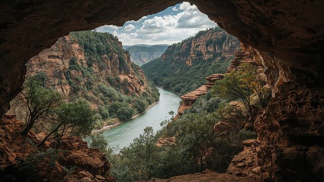 A view of the river through a natural rock formation, showcasing the canyon's cliffs and lush greenery along the water.