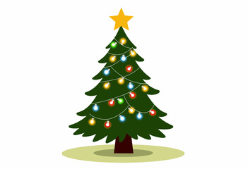 Fototapeta premium Festive Holiday Tree Decorated with Colorful Lights and Ornaments Highlighted by a Shining Star on Top Against a White Background