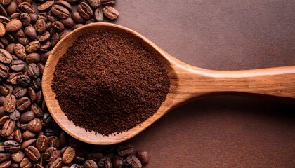 overhead shot of a wooden spoon filled with dark coffee grounds