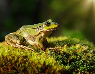 Fototapeta premium green frog on mossy patch sunlit