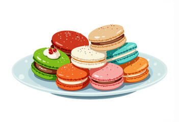 Fototapeta premium A delightful assortment of colorful macarons arranged on a round platter, showcasing various flavors and vibrant hues against a clean white background