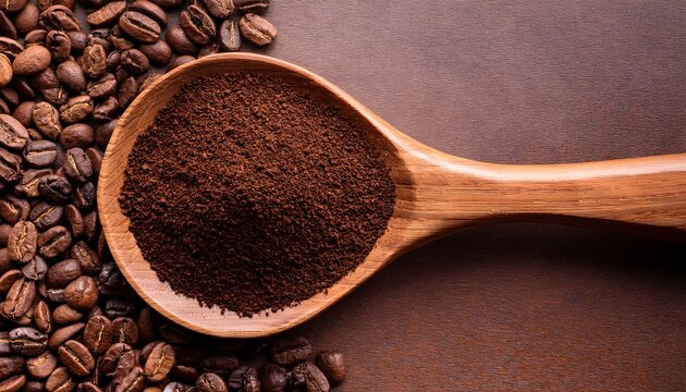 overhead shot of a wooden spoon filled with dark coffee grounds
