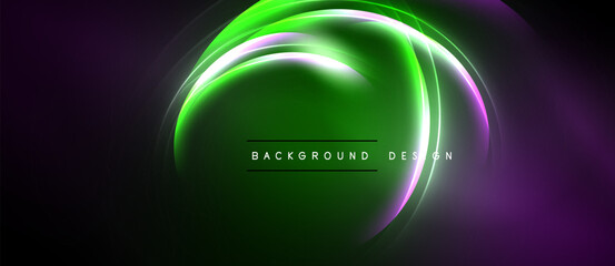 Abstract neon swirls, vibrant green purple hues. Dark background emphasizes glowing circular design, text reads background design.