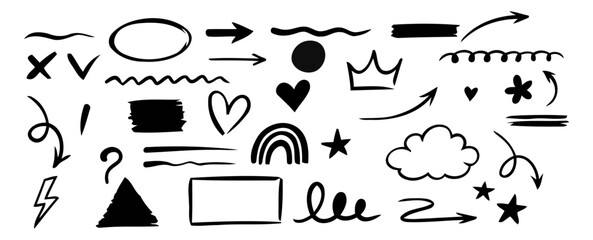 Collection of hand drawn black doodle elements and symbols on white background