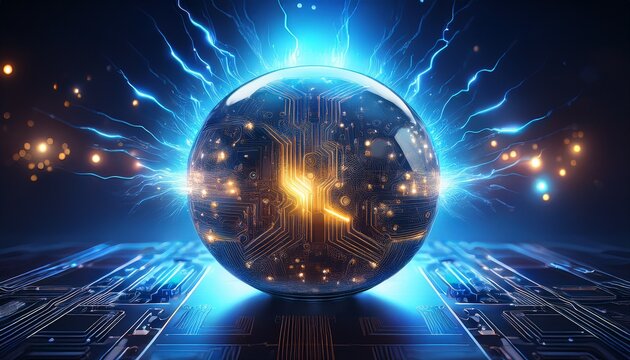 crystal ball with circuitry and lightning