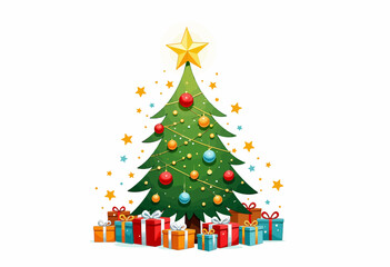 Festive Christmas Tree Decorated with Colorful Ornaments and Surrounded by Wrapped Gifts on a Bright White Background