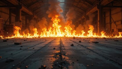 Burning inferno engulfs a vast industrial warehouse, casting an eerie glow
