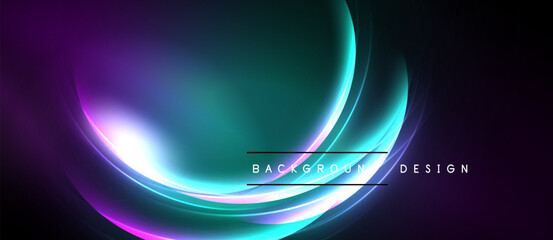 Abstract neon glow, vibrant colors blend. Purple, teal, white curves create dynamic background design. Modern, futuristic aesthetic.
