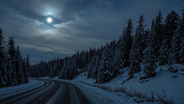 Snowy winter night scene with moonlight, dark clouds, and tall pine trees along a winding road. - Powered by Adobe