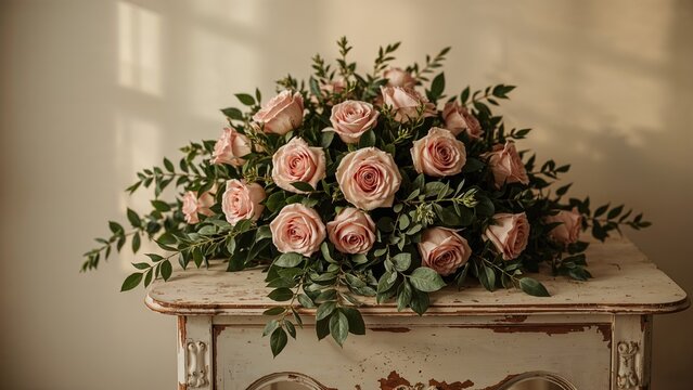 A bouquet of pink roses with greenery arranged on an antique wooden table.
