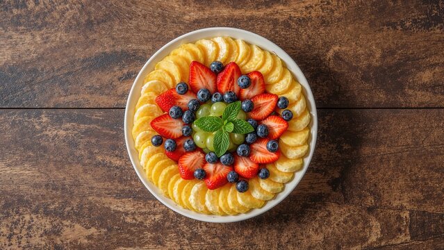 A bowl of fresh mixed fruit including strawberries, blueberries, and kiwi slices arranged on a wooden surface.