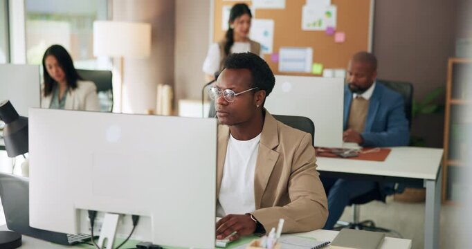 Computer, creative and business man in office for publishing, online article and research. Coworking, magazine agency and person on pc for proofreading news report, copywriting and editing review