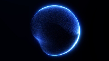 Abstract blue energy sphere made of tiny dispersed particles forming a smooth liquid contour on a dark background. Soft glowing structure enhances the dynamic fluid motion.