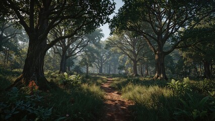 Naklejka premium A forest trail with large trees providing shade, surrounded by lush greenery. Nature and woodland scene. Tranquil outdoor environment. The setting of a peaceful forest walk.